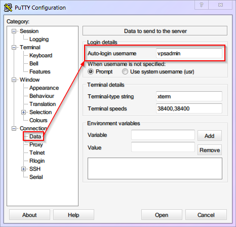 PuTTY Setting Default User Name